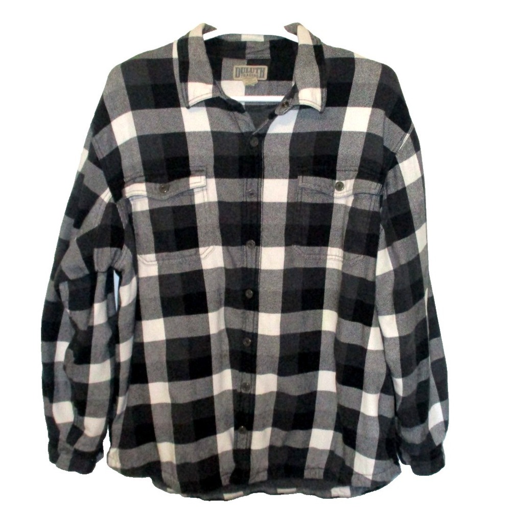 Duluth Fleece Lined Heavy Flannel Jacket 2XL Tall Black White Gray Snap Button